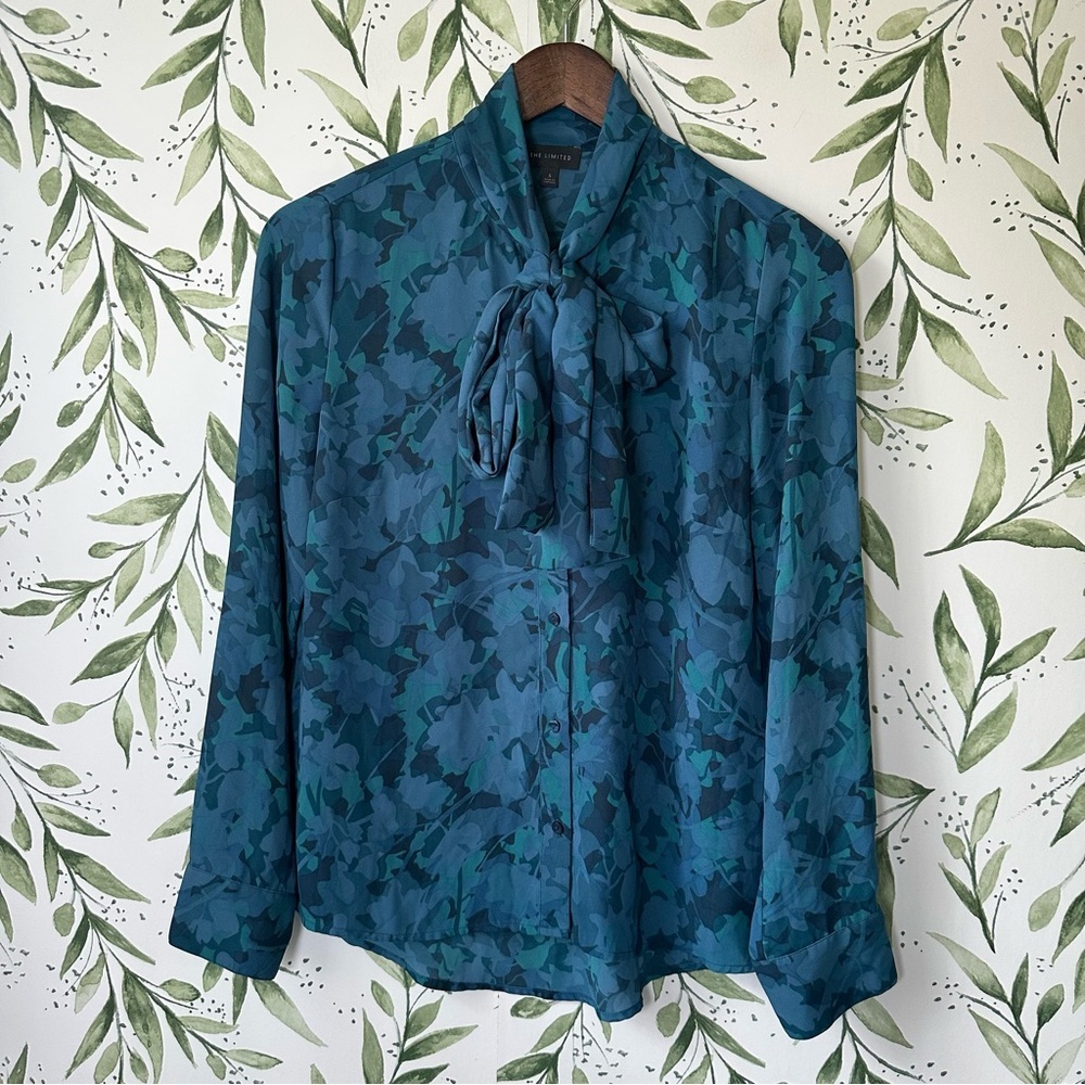 The Limited Teal Blue Floral Neck Tie Blouse. Small